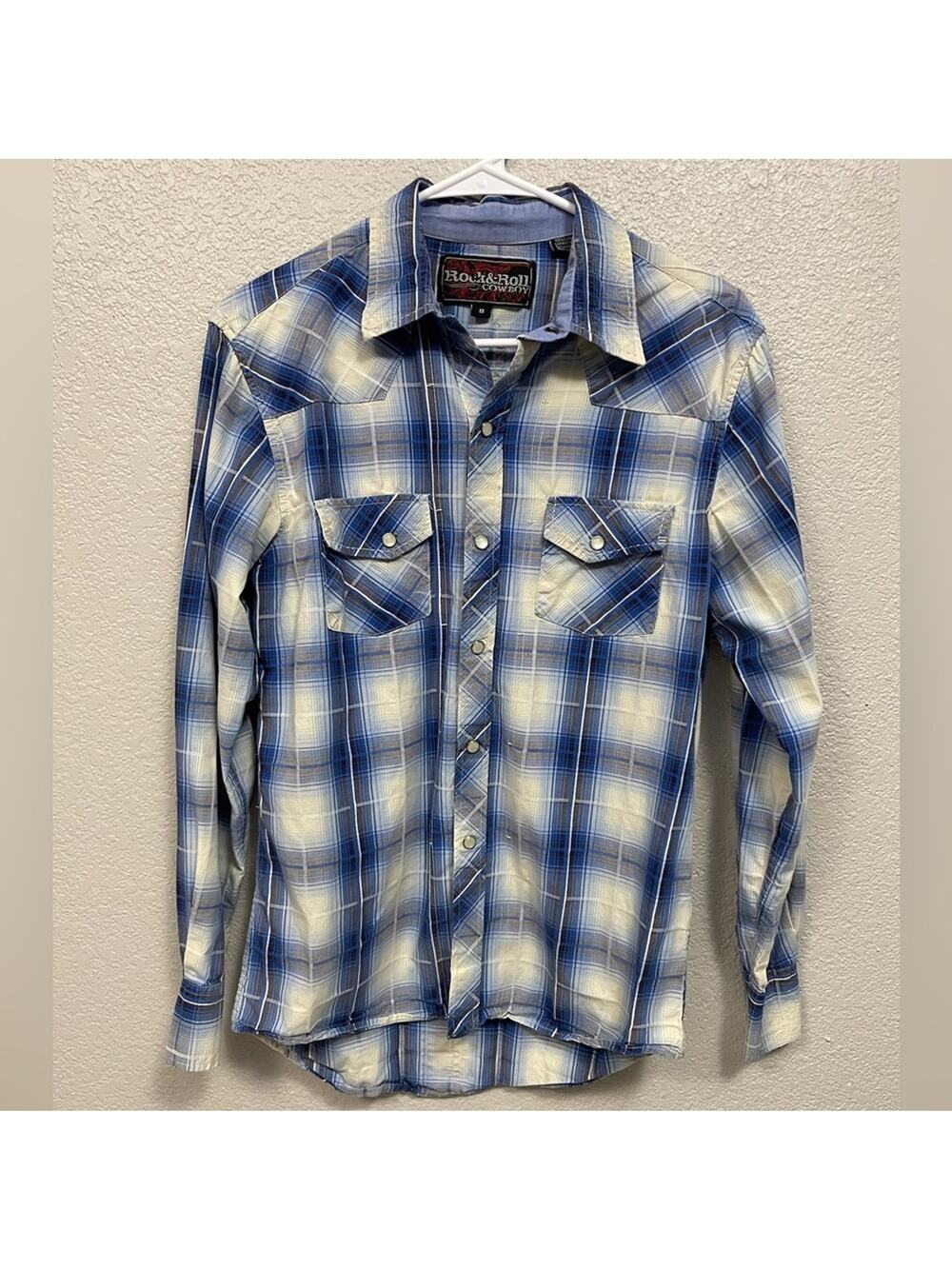 Rock & Roll Cowboy Blue and White Plaid Long Sleeve Pearl Snap Shirt Size Small